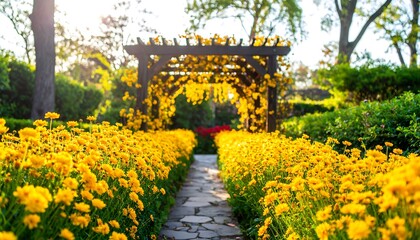 Park walkway with yellow flowers and wooden arch