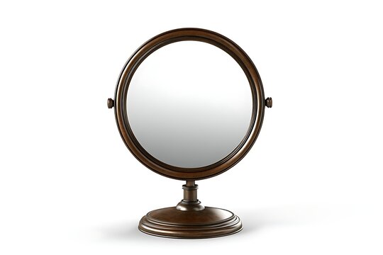 Dark brown wooden framed circular vanity mirror on stand