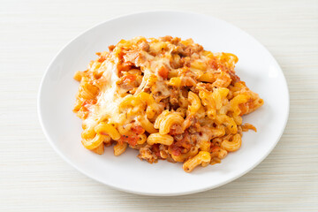 homemade macaroni bolognese with cheese