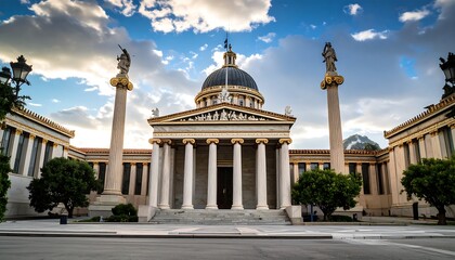 Naklejka premium A grand, classical-style building with columns, a dome, and statues, set against a partly cloudy sky, evokes a sense of history and grandeur.