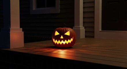 Spooky jack-o'-lantern glows warmly on a dark porch, ready for trick-or-treaters.