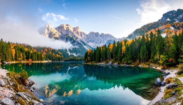 Autumnal lake nestled in alpine mountains
