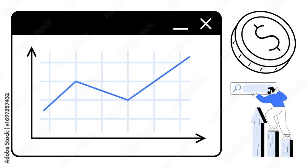 Poster line graph in a browser window, large coin, and man on arrow-shaped bars holding search icon. ideal 