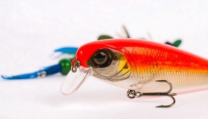 Close-up of colorful fishing lures on white background