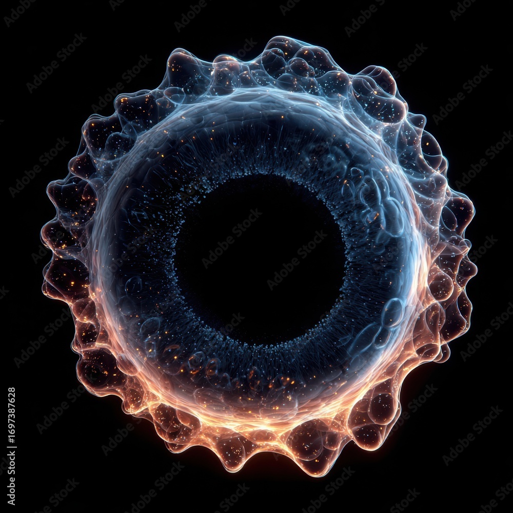 Poster abstract glowing ring with intricate patterns and luminous effects against a dark background, showca
