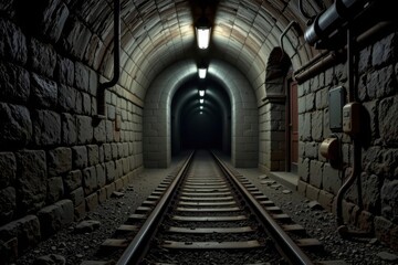 Long, dark underground railway tunnel with arched brick walls illuminated by overhead lights and steel tracks extending into the distant shadowy end