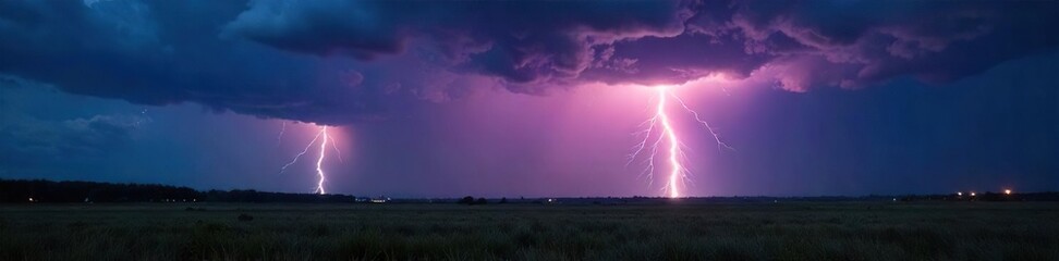 Dramatic shot of a powerful lightning bolt striking the ground during a violent thunderstorm, illuminating the dark landscape  The raw power of nature is on full display , lightning,  night