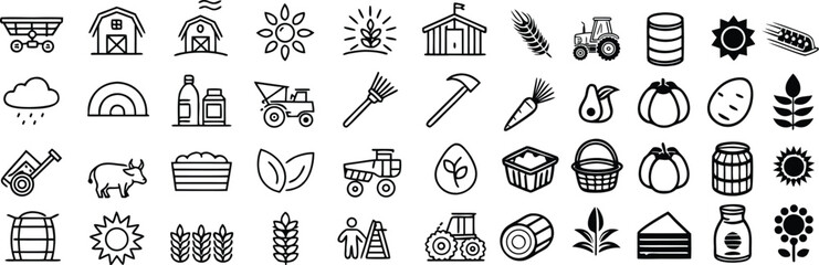 Farm and Agriculture Icons Set Depicting Various Farming Activities and Elements in a Black and White Vector Illustration