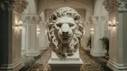 Fototapeta premium Interior corridor featuring large, marble lion head statue centered amidst white pillars and soft lighting