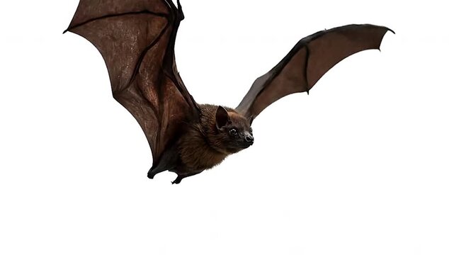 A brown bat is in midflight with its wings spread wide against a white background