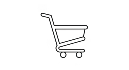 A simple black and white line art icon of a shopping cart, isolated on a plain transparent background, representing ecommerce and retail