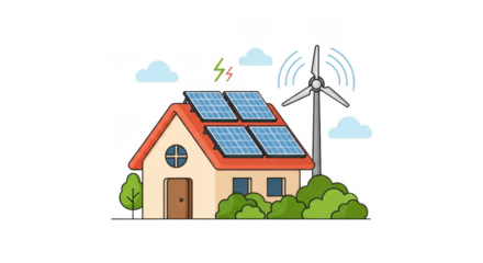 A charming cartoon house is powered by solar panels on its roof and a wind turbine in the yard, symbolizing renewable energy isolated on transparent background