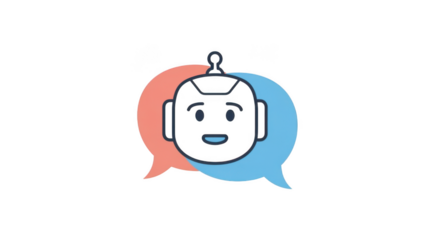 A friendly robot head with a smiling face is depicted, surrounded by two speech bubbles, one red and one blue, symbolizing communication and artificial intelligence isolated on transparent background