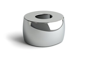 Shiny, metallic, donut-shaped object with a hollow center and curved sides. Modern design with a smooth, reflective surface