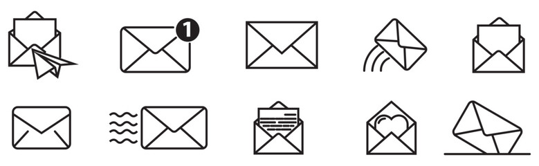 collation of thin line black mail icon set. Letter message envelope sign. Communication, messaging, social. Containing send, receive,  message,  read, inbox and more. Vector illustration.