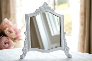 Ornate white vanity mirror, tabletop, floral, with decorative flourishes. Soft focus background