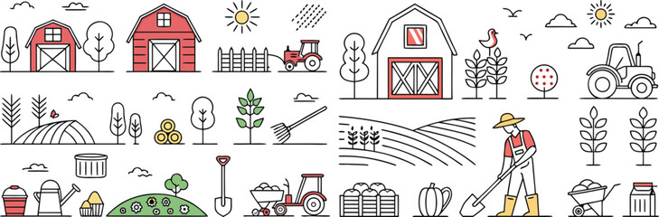 Farm Life Icon Set Vector Illustration Featuring Agriculture Harvest and Rural Elements in a Clean Line Style Design