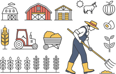 Farm Life Icons Agriculture and Farming Elements Depicting Rural Scenes and Agricultural Practices Minimalist Illustration Style for Farm Fresh Concepts