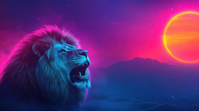 Majestic lion with flowing mane roa under vibrant neon sunset sky with mountains and colorful clouds in a surreal fantasy landscape