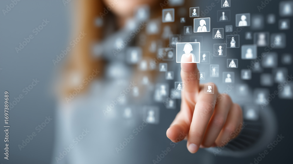 Poster close-up of a person interacting with digital user icons and data in a virtual environment for techn