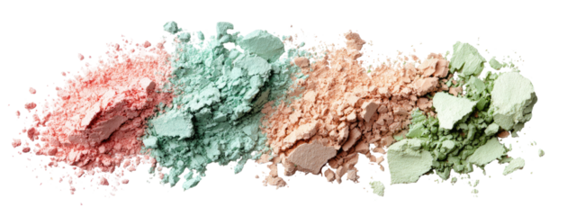 Colorful face powder, three shades of crushed cosmetic powder on transparent background