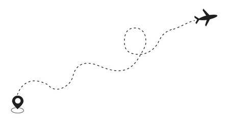 Airplane is in a dotted line. Airplane line path, vector icon of air plane flight route on white background. Vector illustration.