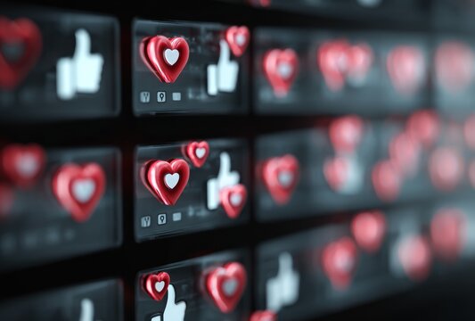 Wall of illuminated hearts and thumbs-up icons, arranged neatly with bokeh. Shallow depth of field creates blur. Dark background