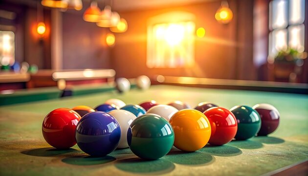 Pool table with balls set up for game, sunlit room