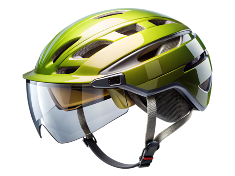 Shiny green cycling helmet with clear visor and grey trim isolated on a transparent background image