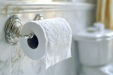 Roll of toilet paper on decorative holder in a clean bathroom. Toilet in background