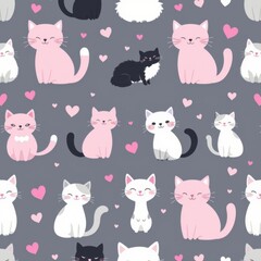 Seamless Pattern of Cute Cats and Tiny Hearts on Dark Gray Background Featu Pink White and Black Cats with Playful Expressions and Adorable Hearts