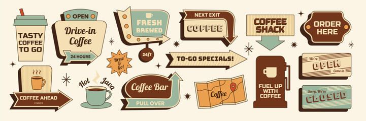 Retro coffee sign sticker set with arrows, slogans, coffee cups, lettering and more. Vector illustration in vintage brown teal colors mid century 50s style for branding, menu, print, travel blog