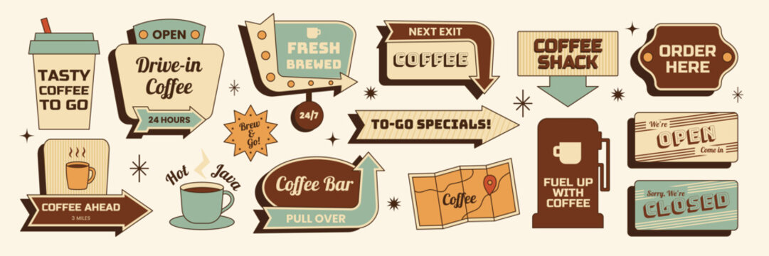 Retro coffee sign sticker set with arrows, slogans, coffee cups, lettering and more. Vector illustration in vintage brown teal colors mid century 50s style for branding, menu, print, travel blog