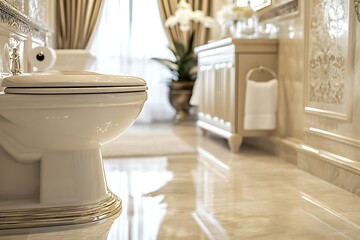Elegant, close-up view of a white toilet in a luxurious, marble bathroom with gold accents
