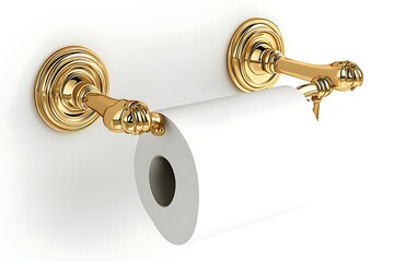 Elegant gold wall-mounted toilet paper holder with a roll of white toilet paper