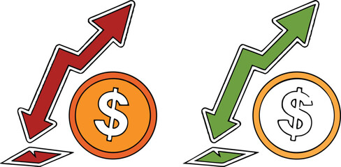 Financial Growth and Decline Depicted with Arrows and Dollar Coins Illustrating Market Fluctuations and Economic Trends