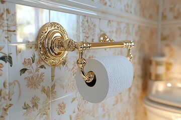Elegant gold toilet paper holder mounted on floral tiled wall