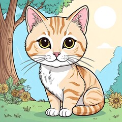 Cute cartoon cat in a garden setting