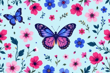 Obraz premium Vibrant Butterfly and Floral Pattern with Pink and Blue Flowers on Light Sky Background Perfect for Nature and Sp Design Themes