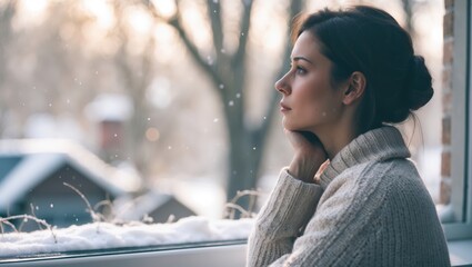 Winter depression, seasonal affective disorder mental health woman sad comtemplative looking out the window alone