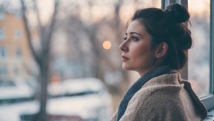 Winter depression, seasonal affective disorder mental health woman sad comtemplative looking out the window alone