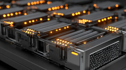 Obraz premium row of blade servers with one drive bay pulled out status LEDs blinking amber selective color illustration concept scene visual for commercial design use high detail quality stock image illustration