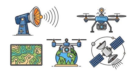 Geospatial Technology Icons: Drones, Satellite, Radar, and Topographic Map