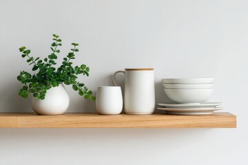 Modern Minimalist Display of White Porcelain and Green Plant on Wooden Shelf in Contemporary Home Decor