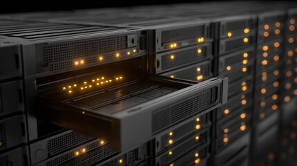 row of blade servers with one drive bay pulled out status LEDs blinking amber selective color illustration concept scene visual for commercial design use high detail quality stock image illustration