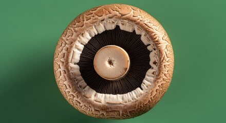 Close-up overhead shot of a single brown cremini mushroom against a solid green background, showcasing its intricate gills and cap texture in a vibrant and earthy color