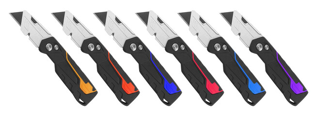 Collection of utility knives with colored handles isolated on transparent background