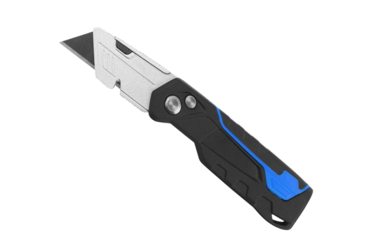 Utility knife with black and blue handle isolated on transparent background