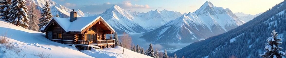 Cozy mountain chalet nestled amongst snow-capped peaks, offering breathtaking views and rustic charm  Perfect for a winter getaway or adventurous escape , exterior, travel, skiing