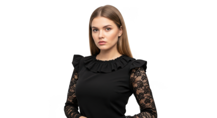 A young woman with long brown hair wearing a black dress with lace sleeves and ruffled neckline, isolated on transparent background